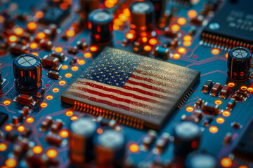 Poster - The American Dream In Silicon: A Close-Up Of A Microchip With The Stars And Stripes