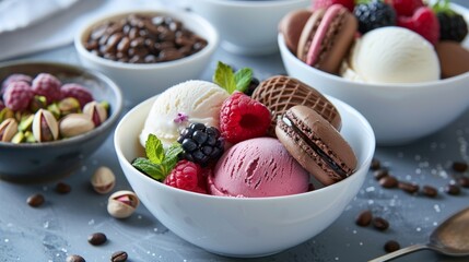 Wall Mural - gourmet treat for the summer! Enjoy handcrafted ice cream presented in bowls with a stunning view, loaded with fresh berries, macaroons, coffee beans, pistachios, and chocolate.