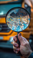 A Hand Holds a Magnifying Glass Focused on a City Map, Blurring the Yellow Truck in the Background