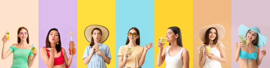 Poster - Set of beautiful women drinking lemonade on color background