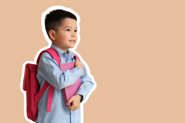 Sticker - Little schoolboy with book on beige background