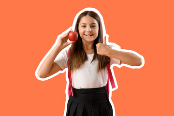 Sticker - Cute schoolgirl with fresh apple showing thumb-up gesture on orange background