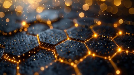 Poster - Hexagonal abstract black metal background with golden light lines. 3D geometric texture illustration. Bright grid pattern. Pure black horizontal banner wallpaper. Elegant carbon wedding background.
