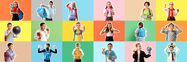 Sticker - Collage of many little students on color background