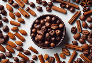 Cinnamon sticks, nuts and chocolate