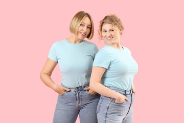 Sticker - Beautiful happy women in stylish jeans on pink background