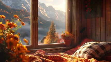 Wall Mural - the serenity of a wooden house window, where the comforting glow of the fire and the inviting softness of pillows offer respite from the wilderness just outside.