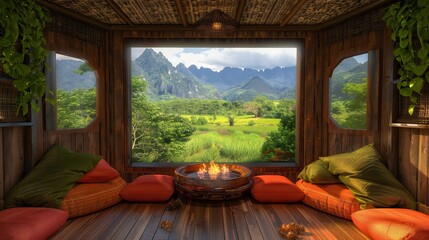 Wall Mural - the serenity of home through the wooden house window, where the cozy ambiance of a crackling fire and plush pillows provides solace amidst the untamed wilderness just outside.