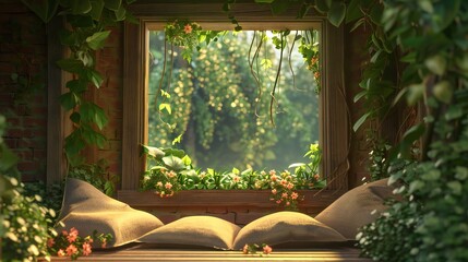 Wall Mural - the simplicity of a wooden house window view, where the warmth of the fire and the softness of pillows create a peaceful sanctuary within the vibrant jungle landscape.