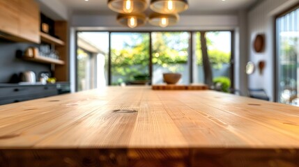 Wall Mural - Blurred modern kitchen interior with wooden table