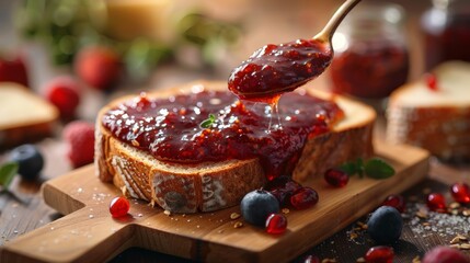 Wall Mural - food photography, close-up image of a spoon spreading homemade jam on toast, highlighting the scrumptious taste of the jam