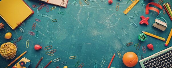 Wall Mural - Colorful school supplies forming a border around an empty chalkboard background with copy space