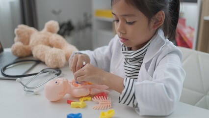 Wall Mural - Asian girl playing with anatomical dolls in a doctor game, Learn through play about internal organs with anatomical dolls at home. Children want to be a doctor.