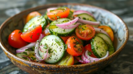 Poster - summer salad recipes, cool off with a delightful mix of cucumber, cherry tomatoes, and red onions tossed in a tangy greek yogurt dressing a refreshing summer salad option