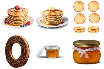 Sticker - A series of a variety of pancakes and other food items, PNG with transparent background, AI