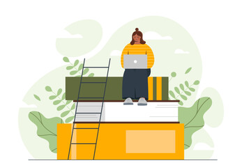 Poster - online education concept. a girl with a laptop sits on a stack of books. learning and studying. the 