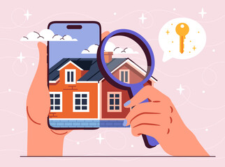 Poster - Online real estate matching service. Private property and home valuations. Investments and trading. Financial literacy and passive income. Cartoon flat vector illustration isolated on pink background
