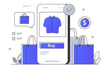 Poster - Online shopping. E-commerce and digital money transfers. Market and store on the internet. Marketing and advertising, commerce. Linear flat vector illustration isolated on white background