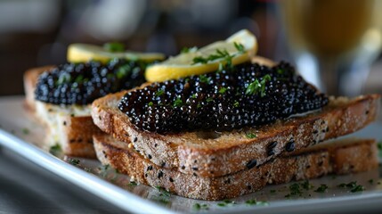 Poster - luxurious sandwich options, luscious black caviar sandwich with a touch of zesty lemon, offering a delightful blend of tastes