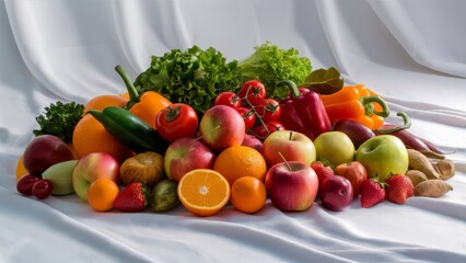 Different types of fruits and vegetables individually isolated on a white backdrop