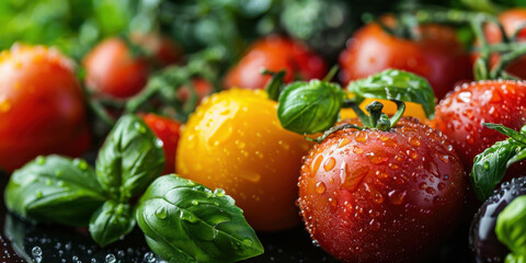 Wall Mural - A close-up of fresh red and yellow tomatoes with basil leaves, showcasing vibrant colors and water droplets.