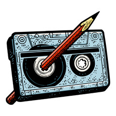 Wall Mural - Pencil rewinds Compact Cassette tape color sketch engraving PNG illustration. T-shirt apparel print design. Scratch board imitation. Black and white hand drawn image.