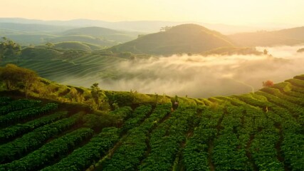 Wall Mural - Green tea plantation at sunrise time, nature background