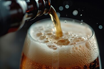 Beer is poured from dark brown bottle into beer glass. Close-up light fresh beer poured into glass steamed up from cold. Lager beer foams and pours from bottle into glass - generative ai