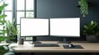 © Andy Sarmiento - Mockup of two monitors on desk against black wall with window, AI-generative