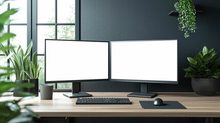 Mockup of two monitors on desk against black wall with window, AI-generative