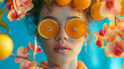 A woman wearing orange slices as glasses poses amid a vibrant arrangement of oranges and flowers on a blue background.