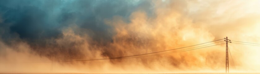 Dust Storm's Fury: Power Lines Silhouetted Against Orange Sky