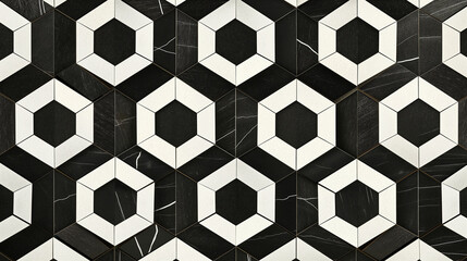 Wall Mural - A black and white patterned tile floor with a black and white design