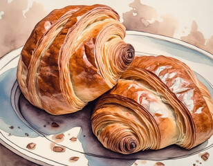 Sticker - Two golden brown croissants on a plate, with a blurred background