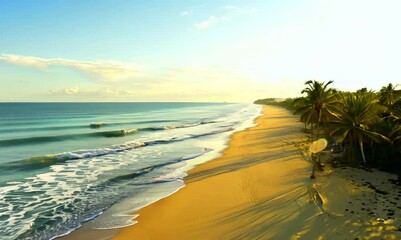 Sticker - Tropical beach with palm trees at sunrise Seascape