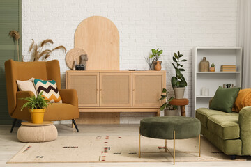 Wall Mural - Interior of modern room with armchair, chest of drawers and sofa