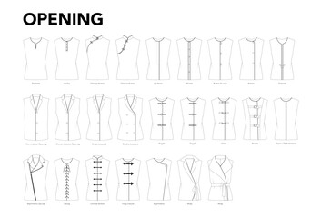 Set of openings for tops, shirts, jackets, blouses, coats, dresses styles technical fashion illustration. Flat apparel template front view. Women, men unisex CAD mockup isolated on white