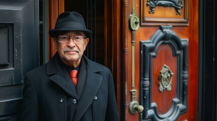 Wall Mural - a man in a black coat and hat standing in front of a door