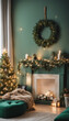 © ArtisticLens - Festive Green Living Room Decor With Christmas Wreath and String Lights