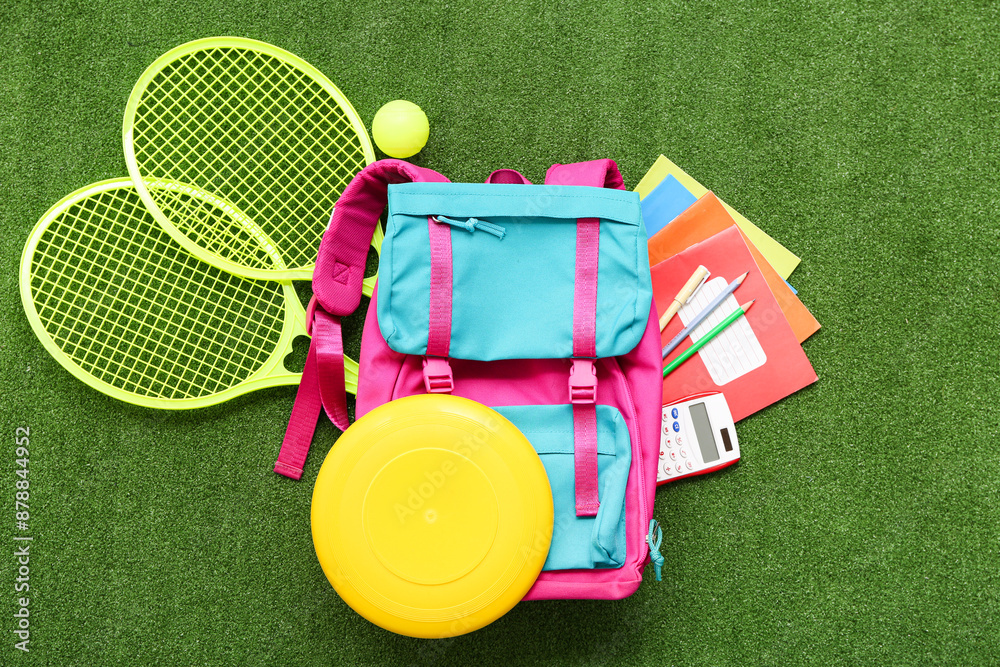Frisbee, badminton rackets, ball and different stationery on artificial grass as background
