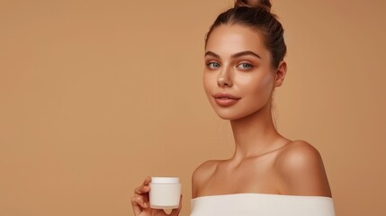 Wall Mural - A woman is holding a container jar of cream in her hand