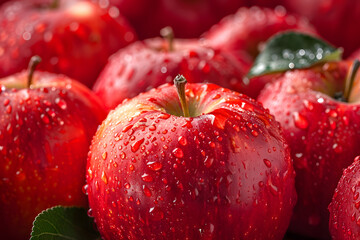 Wall Mural - Close-up of red apples with water drops