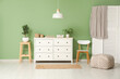 © Pixel-Shot - White chest of drawers with houseplant, chair and folding screen near green wall in room