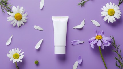 Wall Mural - A tube of cream is surrounded by flowers and leaves on purple background