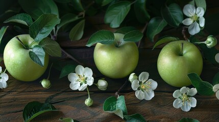 Poster - A close up of three green apples and a few white flowers