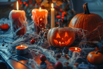 Wall Mural - Illuminated jack-o'-lanterns with glowing candles and spider webs in a spooky Halloween setup featuring pumpkins and eerie atmosphere, Halloween celebration concept