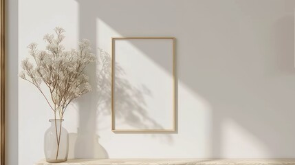 Wall Mural - A white framed picture sits on a table next to a vase of dried flowers