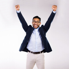 Aufkleber - Portrait, winning and businessman with fist pump in studio for achievement, celebration or project goal on white background. Success, happy and employee for profit, financial growth or opportunity