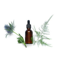 Wall Mural - Bottle of essential oil, plant leaf and flower on white background