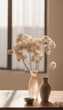 © ArtisticLens - Laptop computer with blank mockup screen Beige flowers in a brown vase on a table Beige wall with a